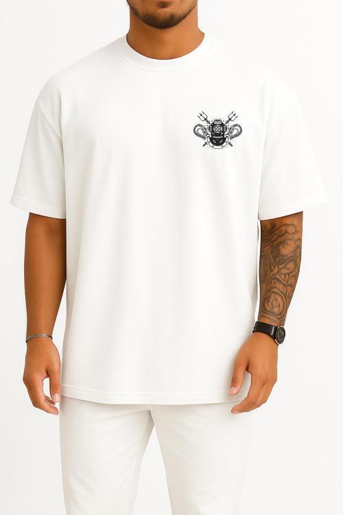Oversize Dalgıç Başlığı Cep ve Sırt Tasarımlı Unisex T-Shirt