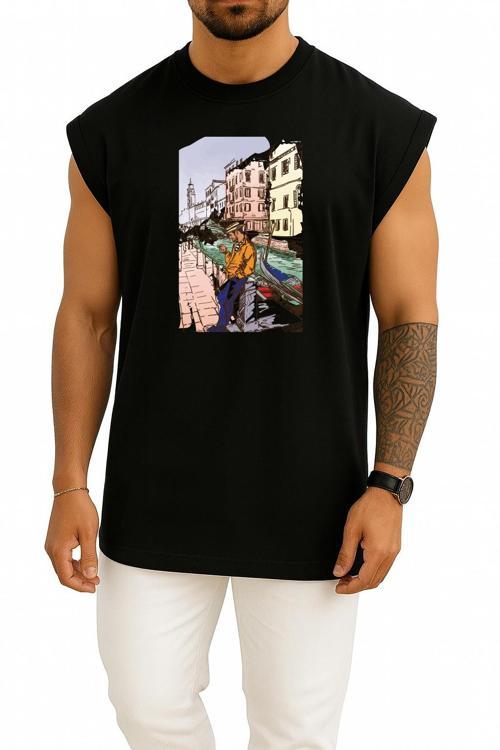 Oversize Venice Drawing Art Illustration, Venedik Göğüs Tasarımlı Atlet