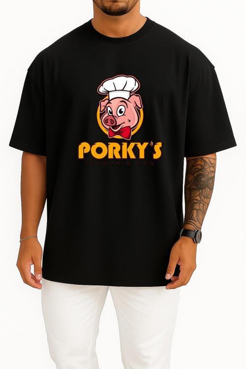 Oversize Porky's Lechon Barbecue Domuz Göğüs Tasarımlı Unisex T-Shirt