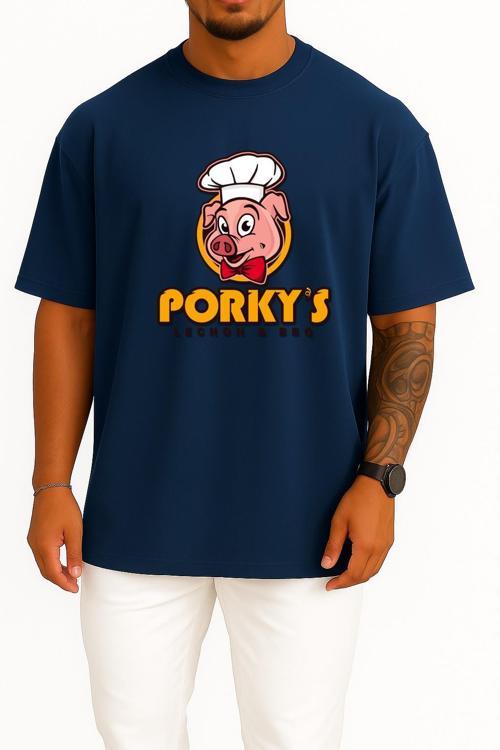 Oversize Porky's Lechon Barbecue Domuz Göğüs Tasarımlı Unisex T-Shirt