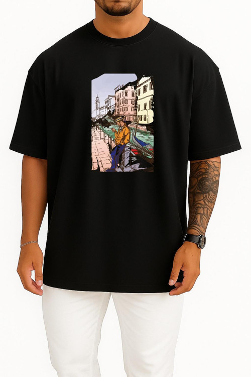 Oversize Venice Drawing Art Illustration, Venedik Göğüs Tasarımlı Unisex T-Shirt