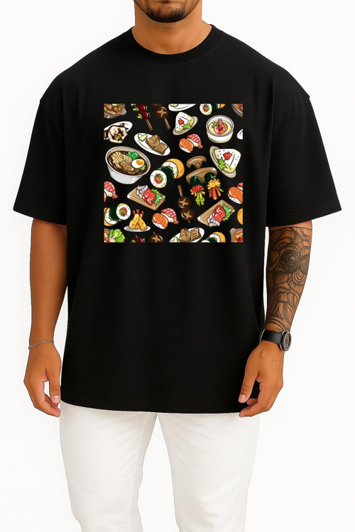 Oversize Sushi Barbecue Chicken Göğüs Tasarımlı Unisex T-Shirt