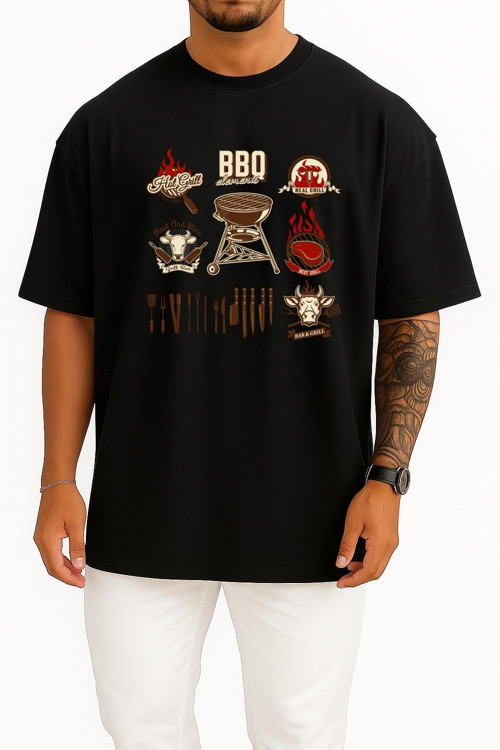 Oversize Barbecue Chophouse Restaurant Kebab Grilling Göğüs Tasarımlı Unisex T-Shirt