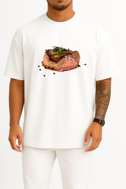 Oversize Beefsteak Barbecue Grilling Cooking Göğüs Tasarımlı Unisex T-Shirt