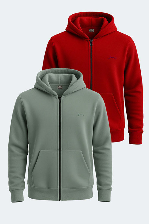 SAMSON 2 li set Erkek Fermuarlı Kapüşonlu Cepli Haki - Bordo Sweatshirt