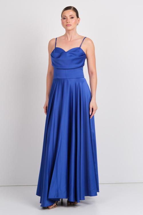 Kadın Askılı Kloş Saten Kumaş Maxi Abiye Elbise 1795 Saks