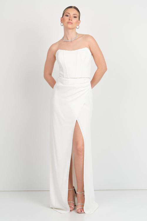 Kadın Straplez Beli Korsajlı Balık Form Abiye Elbise 6087 Beyaz