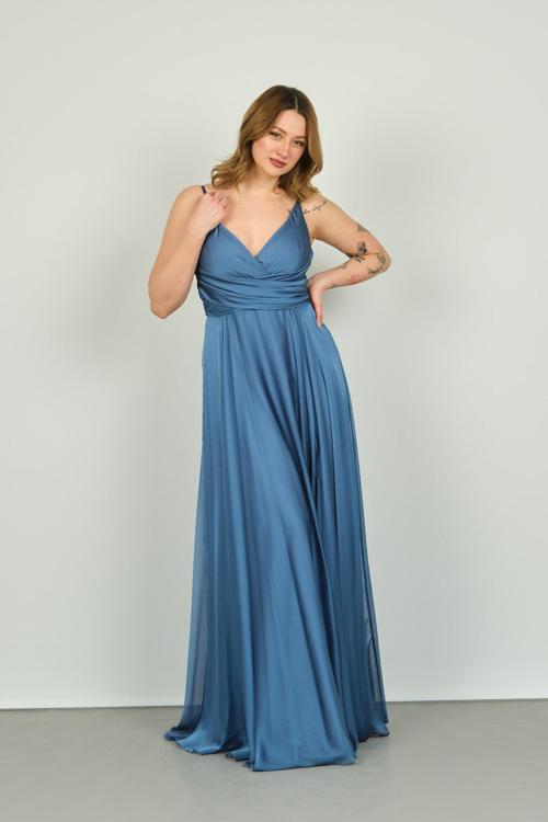 Kadın Kruvaze Yaka Şifon Abiye Elbise 4078 Indigo