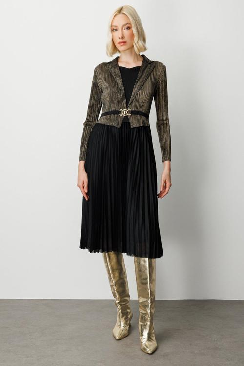 Kadın Eteği Piliseli Kalp Yaka Elbise 4913 Siyah