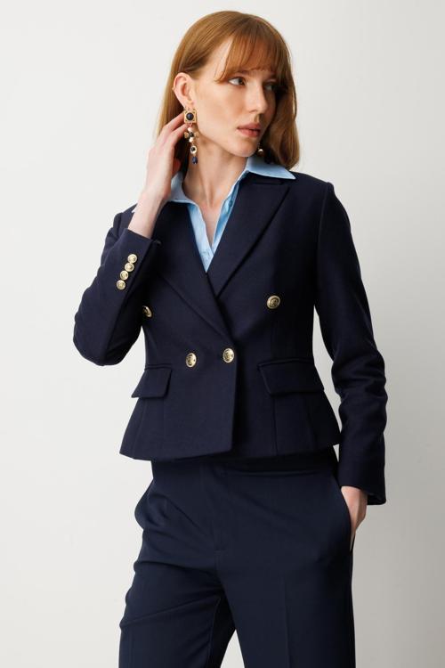 Kadın Kruvaze Yaka Kaşe Ceket 5073 Lacivert