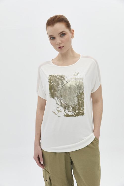 Kadın Omuzları Tül Detaylı Ön Kısım File Payet Baskılı Bluz 5820 Ekru