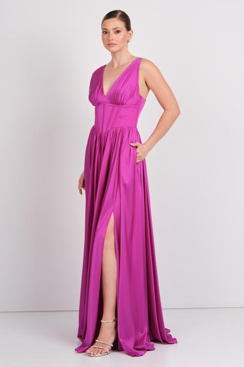 Kadın Derin V Yaka Sırttan Bağlamalı Maxi Abiye Elbise 7091 Fuşya
