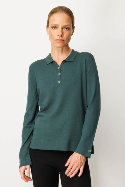 Kadın Polo Yaka Yakası ve Kolu Düğmeli Bluz 25391 Yeşil