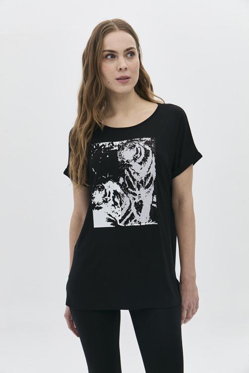 Kadın Bisiklet Yaka Düşük Kol Önü Payet Baskılı Bluz 5832 Siyah