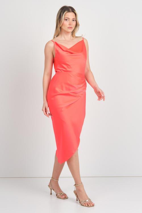 Kadın Ön ve Sırt Degaje Saten Kumaş Midi Abiye Elbise 4113 Nar