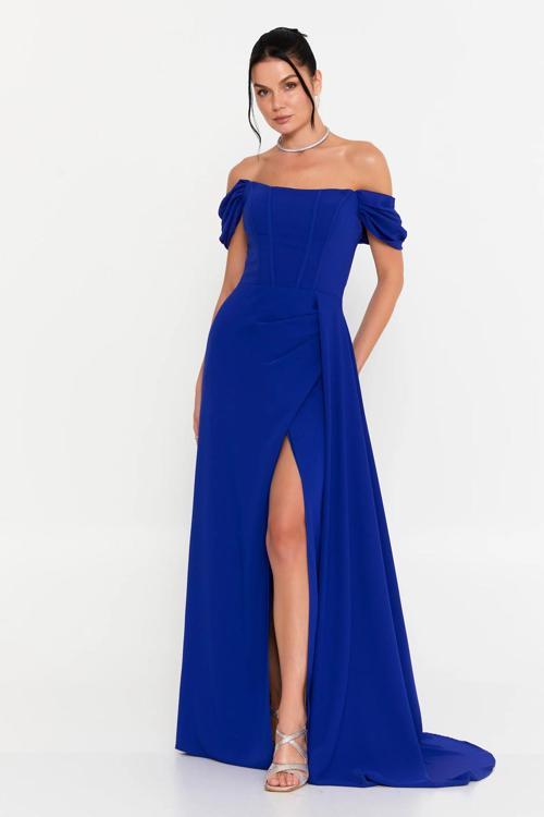 Kadın Straplez Korseli Kol Detaylı Derin Yırtmaçlı Uzun Abiye Elbise 5136 Saks