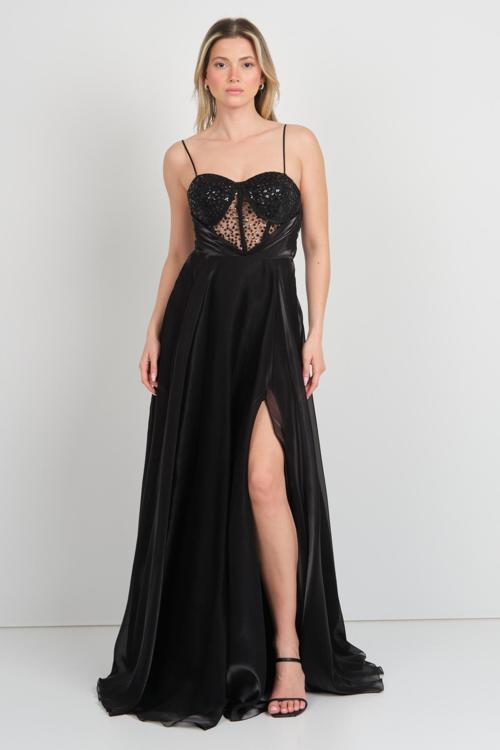 Kadın İp Askılı Payetli Uzun Abiye Elbise 6031 Siyah