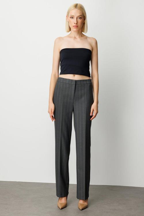 Kadın Çizgili Bol Paça Pantolon 5129 Antrasit