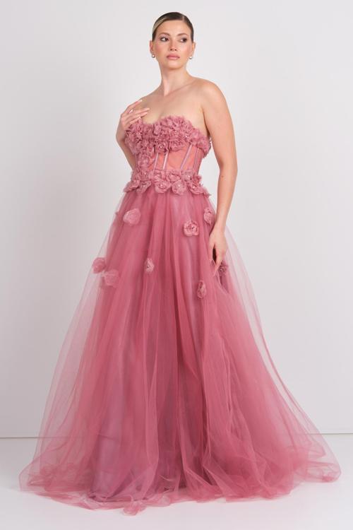 Kadın Straplez Korsajlı Eteği Tül Maxi Abiye Elbise 8451 Lavanta