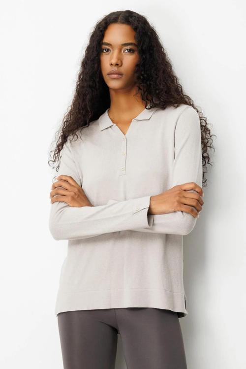 Kadın Polo Yaka Yakası ve Kolu Düğmeli Bluz 25391 Vizon