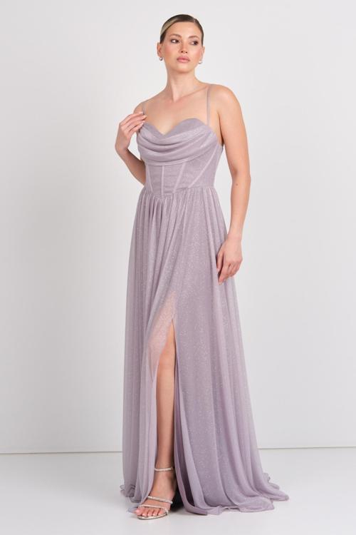 Kadın Beli Korsajlı İp Askılı Maxi Abiye Elbise 5108 Vizon