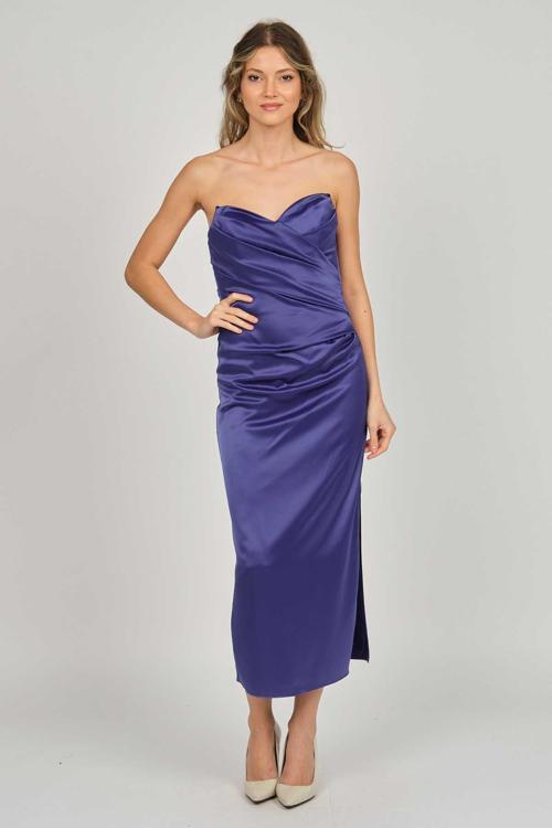 Kadın Ara Boy Saten Abiye Elbise 5924061 Gece Mavisi