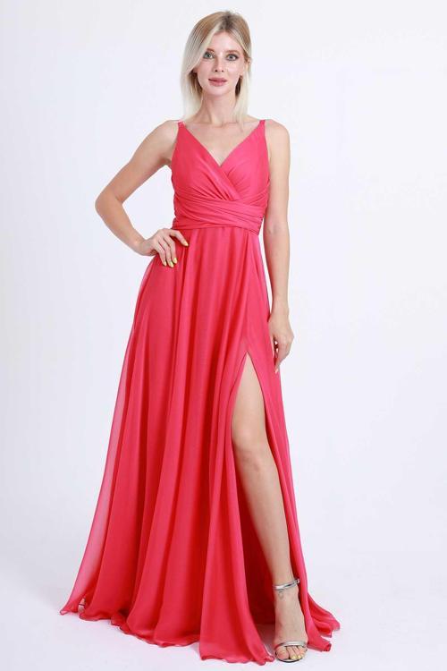 Kadın Kruvaze Yaka Şifon Abiye Elbise 4078 Fuşya