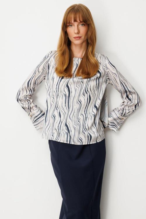 Kadın Omzu Metal Broşlu Desenli Bluz 3015 Siyah