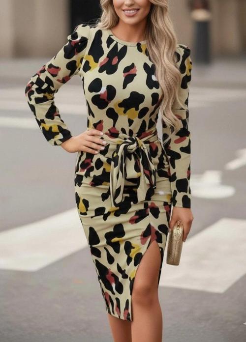 MDB Kadın Uzun Kollu Yuvarlak Yaka Belden Kuşaklı önden Yırtmaçlı örme Krep Elbise