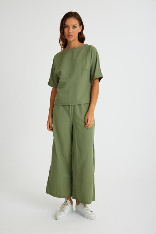 Keten Günlük Rahat Beli Lastikli Kadın İkili Takım Alt Üst