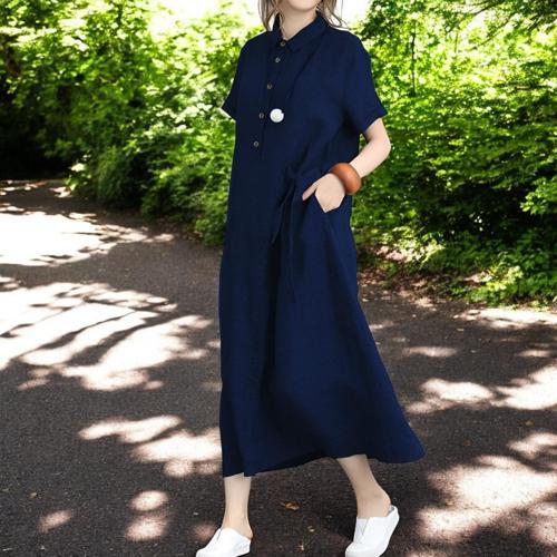 Yazlık Tam Boy Rahat Gömlek Yaka Keten Elbise