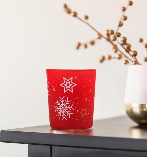 Kırmızı Yıldızlı Kar Tanesi Cam Bardak Mum