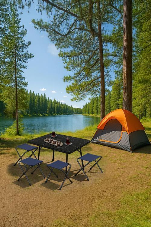 45X60 cm Kamp Sehpası + 4 Adet LACİVERT Tabure Piknik, bahçe sehpası Katlanır Sehpa-ME-4L