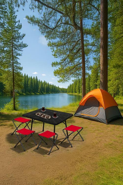 45X60 cm Kamp Sehpası + 4 Adet KIRMIZI Tabure Piknik, bahçe balkon sehpası Katlanır Sehpa-ME-4K