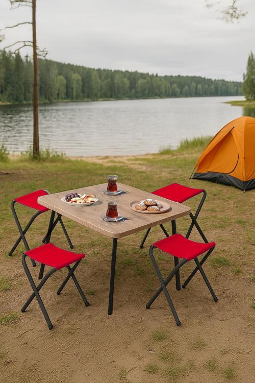 45X60 cm Kamp Sehpası + 4 Adet KIRMIZI Tabure Piknik, bahçe balkon sehpası Katlanır Sehpa-A-4K