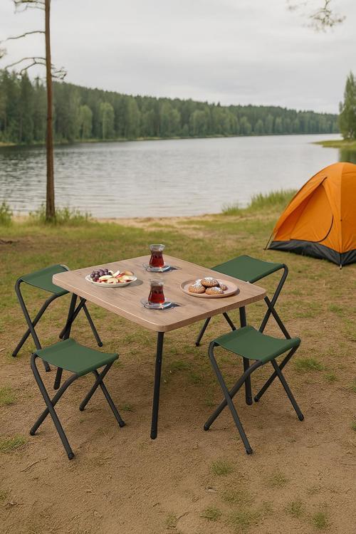 45X60 cm Kamp Sehpası + 4 Adet YEŞİL Tabure Piknik, bahçe balkon sehpası Katlanır Sehpa-A-4Y