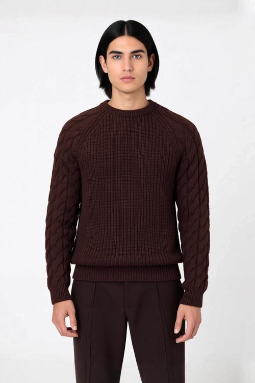 Erkek Regular Fit Bisiklet Yaka Saç Örgü Detaylı Triko Kazak Soğuk Günler İçin Rahatlık Sunar