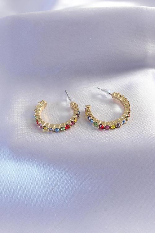 Gold Renk Yarım Halka Model Renkli Kristal Taşlı Kadın Küpe - EBJ251025W31636