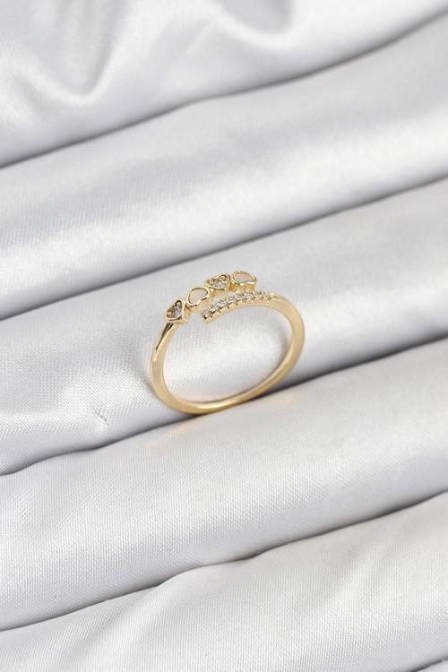 Pirinç Gold Renk Kalpli Detaylı Zirkon Taşlı Kadın Yüzük - EBJ250927W37927