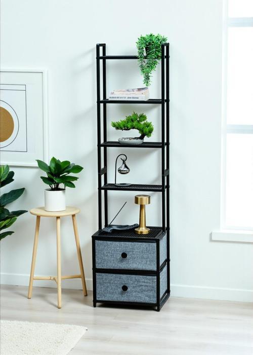 DEKORATİF SİYAH METAL KİTAPLIK 5 RAFLI 2 ÇEKMECELİ KOMİDİN ÇOK AMAÇLI STAND ORGANİZER