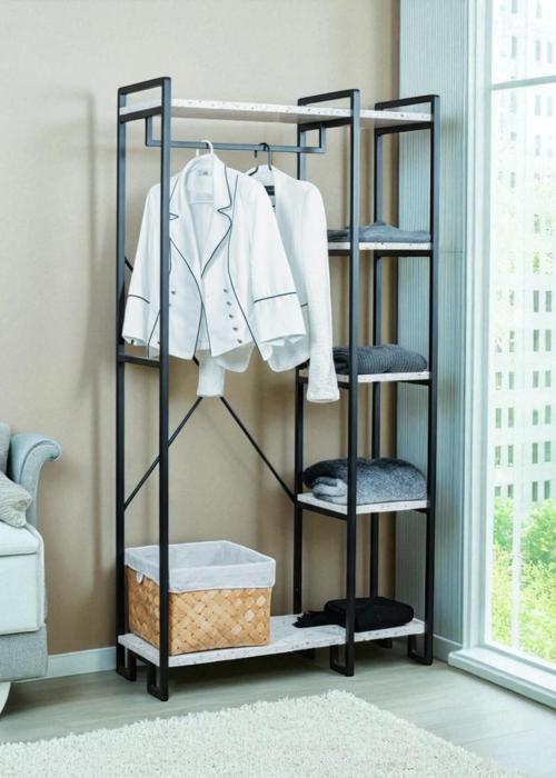 DEKORATİF METAL AYAKLI BEYAZ AHŞAP RAFLI ELBİSE ASKILIĞI AYAKKABILIK ÇOK AMAÇLI PORTATİF PORTMANTO GARDIROP