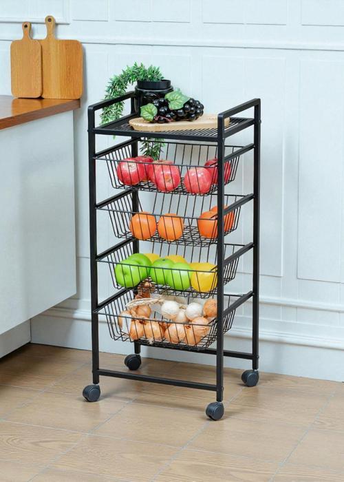 DEKORATİF SİYAH METAL SEBZELİK TEKERLEKLİ 4 RAFLI TEL SEPETLİ ÇOK AMAÇLI STAND