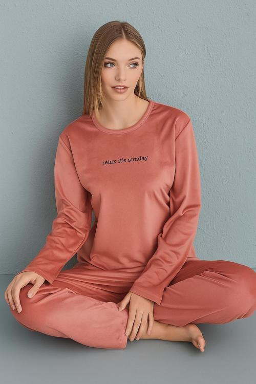 Kadın Kışlık Bisiklet Yaka Kadife Pijama Takımı 13166P - 1 Adet