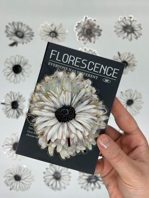 Florescence Altın Yaldızlı Siyah-Beyaz Özel Tasarım Papatya Sticker Seti/20 Adet/Etiket/Çıkartma