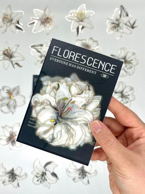 Florescence Altın Yaldızlı Siyah-Beyaz Özel Tasarım Zambak Çiçeği Sticker Seti/20 Adet/Etiket/Çıkartma