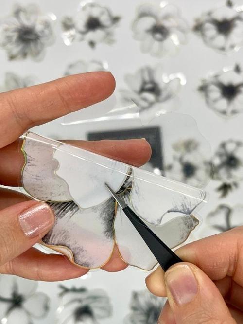 Florescence Altın Yaldızlı Siyah-Beyaz Özel Tasarım Anemon Çiçeği Sticker Seti/20 Adet/Etiket/Çıkartma