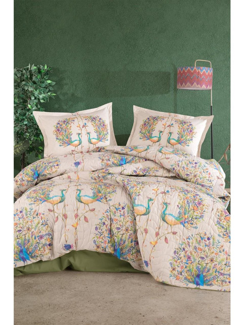 %100 Pamuk Çift Kişilik Dört Mevsim Seti Pavone V1 Yeşil