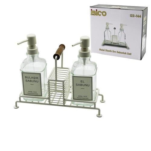 3 PCS METAL STANDLI - CAM SIVI SABUNLUK SETİ AHŞAP TUTMALI - SÜNGERLİK (5250)