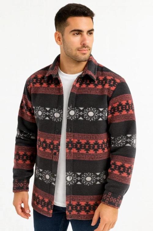 MDB Erkek Desenli Polar Gömlek – Etnik Şerit Desen Yakalı, Uzun Kollu, Düğmeli, Oversize Rahat Kalıp