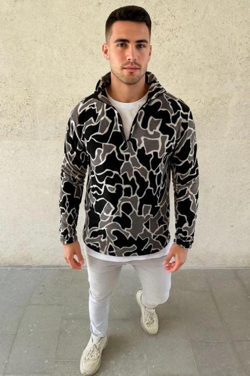 MDB Erkek Yarım Fermuarlı Desenli Polar weat Yakalı, Uzun Kollu, Oversize Rahat Kalıp  iyah